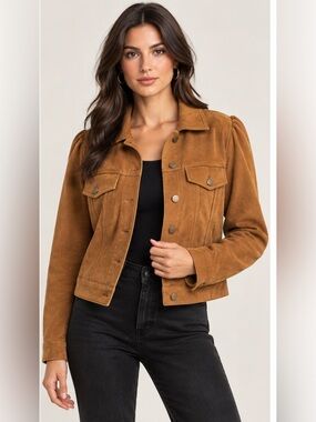 Cropped Suede-Style Jean Jacket in Camel